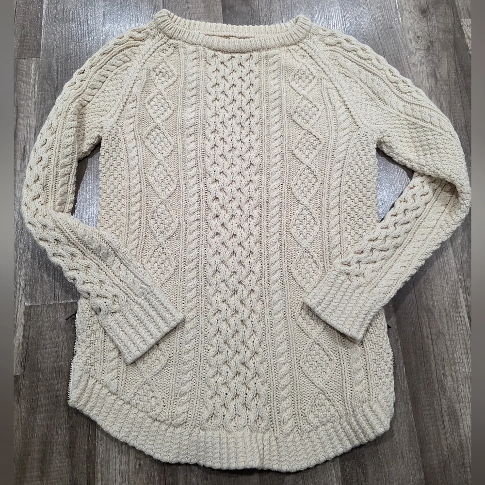 LL BEAN SIGNATURE FISHERMEN Cream Cable Knit Sweater Coastal Nautical Wool